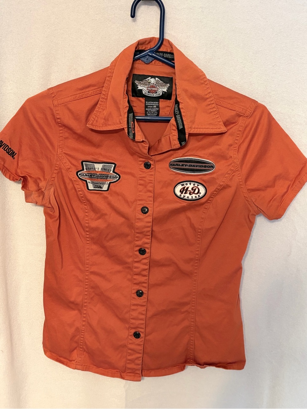 Harley’s-Davidson Women's Orange Short-Sleeve Button-Up Shirt with Patches